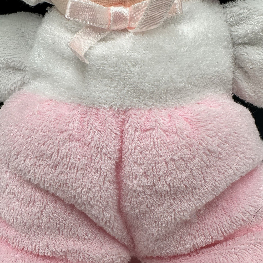 Vintage Eden Pink White Doll Terry Cloth Blue Eyes Bonnet Lace Soft Plush 10”Toy - Picture 3 of 11